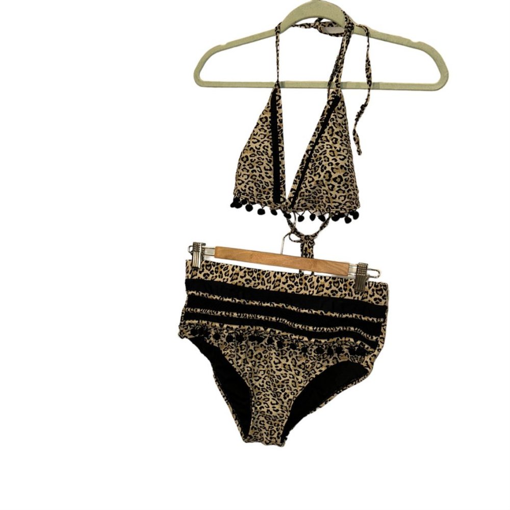 black tan FABULOUS leopard spot pom pom 2 piece bikini bathing suit M